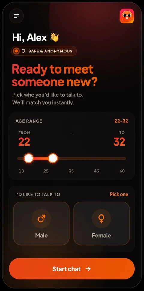 Blind Text home screen: choose an age range and whether you'd like to talk to someone male or female, then tap Start chat.