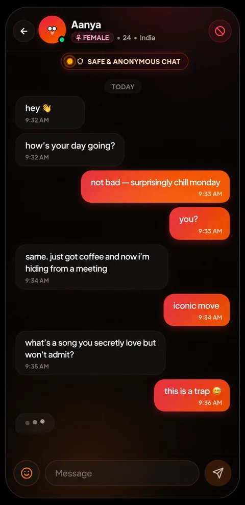 Blind Text chat screen: an anonymous conversation in progress, showing the partner's age and country but no real name.