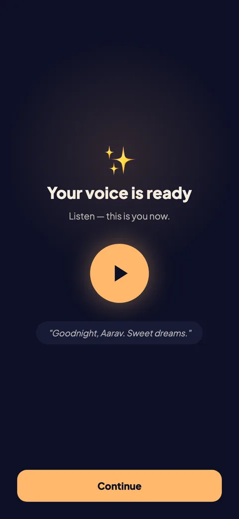 Goodnights clone-ready screen: a play button to hear the newly cloned voice say goodnight to the child.