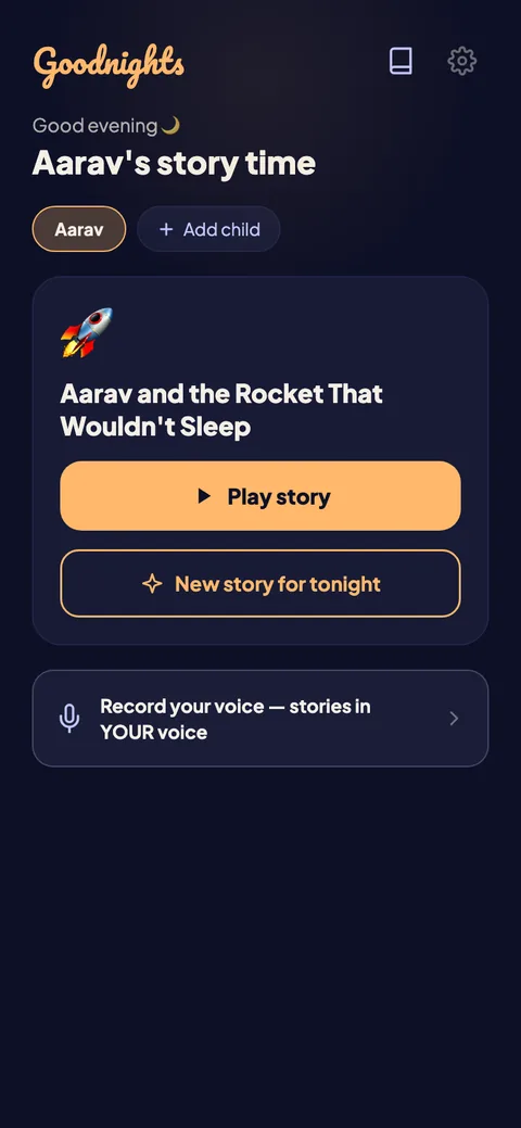 Goodnights home screen: tonight's personalised story for the child, with buttons to play it or generate a new one.