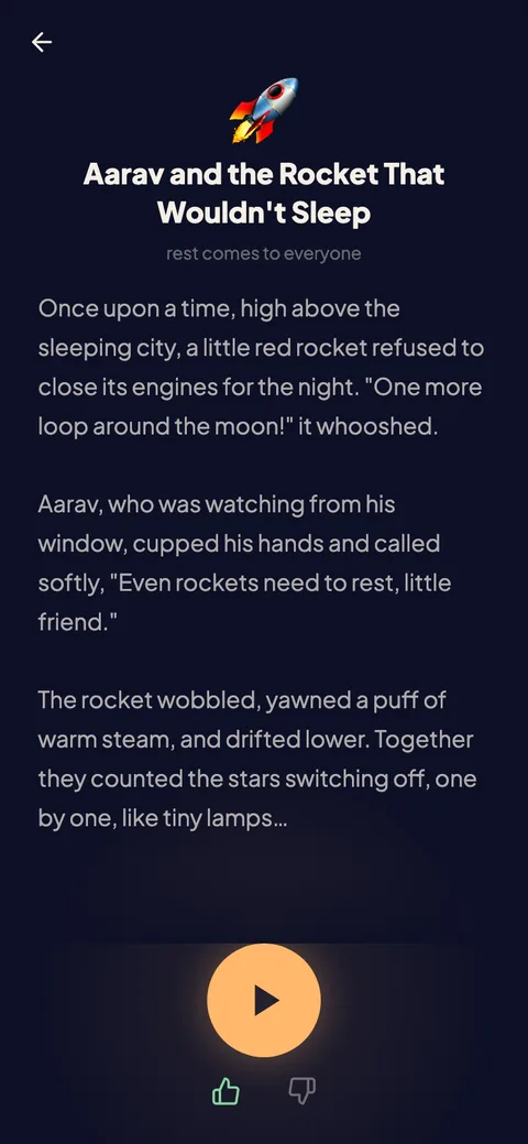 Goodnights player screen: the story text on screen with a large play button to hear it in the parent's own voice.