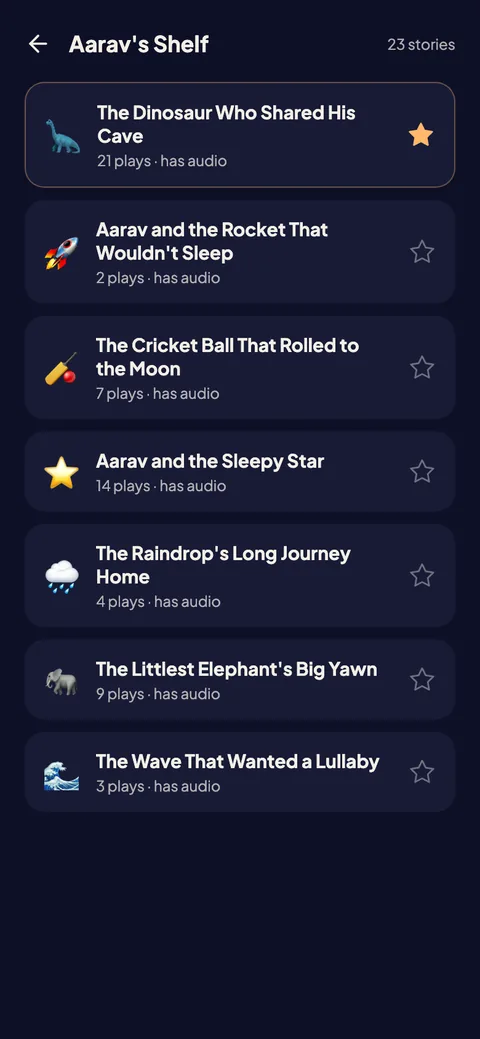 Goodnights shelf screen: the child's saved library of past stories, each replayable and markable as a favourite.